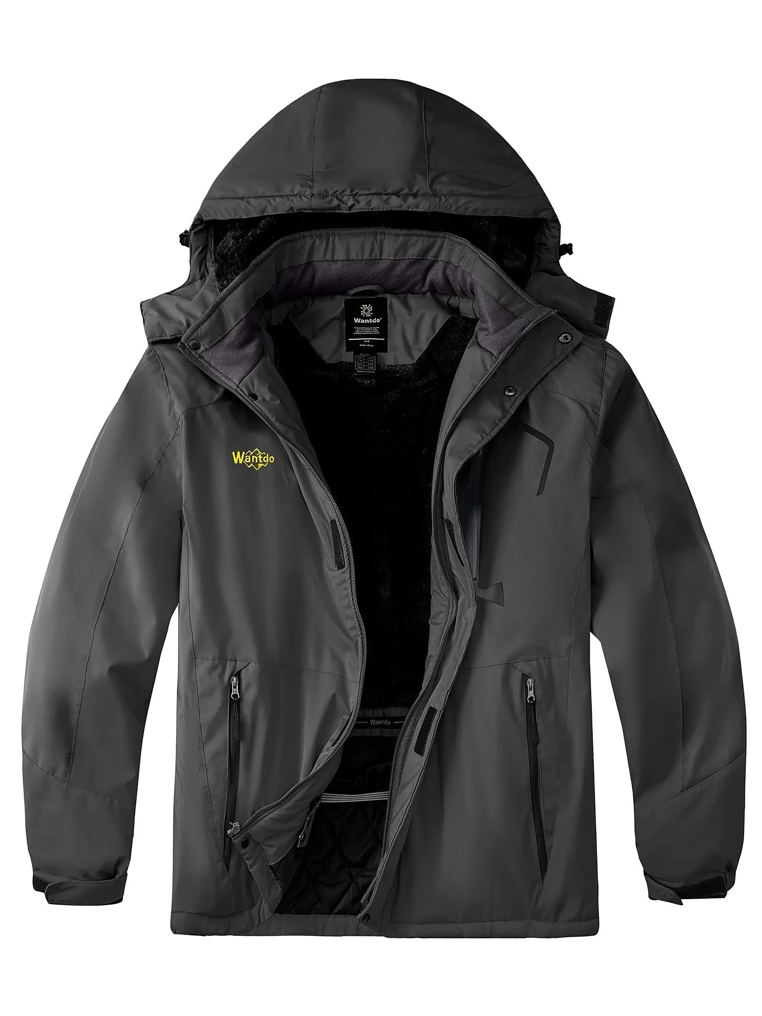 1pc Wantdo Men'S Plus Size Casual Outdoor Ski Parka - Winter Warm Fleece-Lined Waterproof Jacket with Removable Hood, Multi-Pocket Windbreaker, Polyester Zip-Up Oversized Coat
