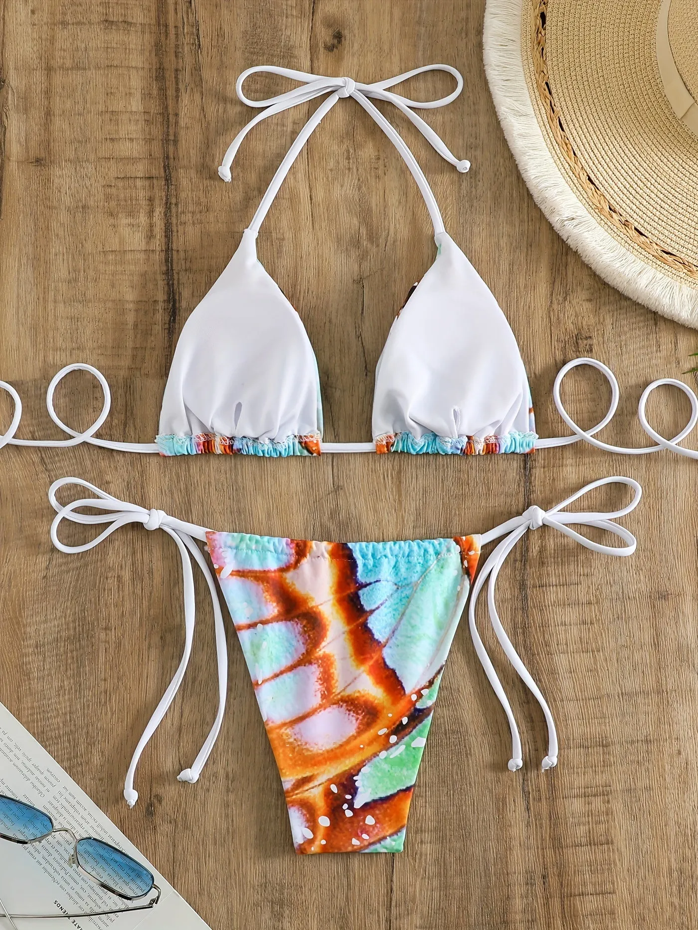 2 Piece Butterfly Print Bikini Set - Halter Top, Tie Back, Stretchy Fabric, Backless Design - Chic Beachwear for Women