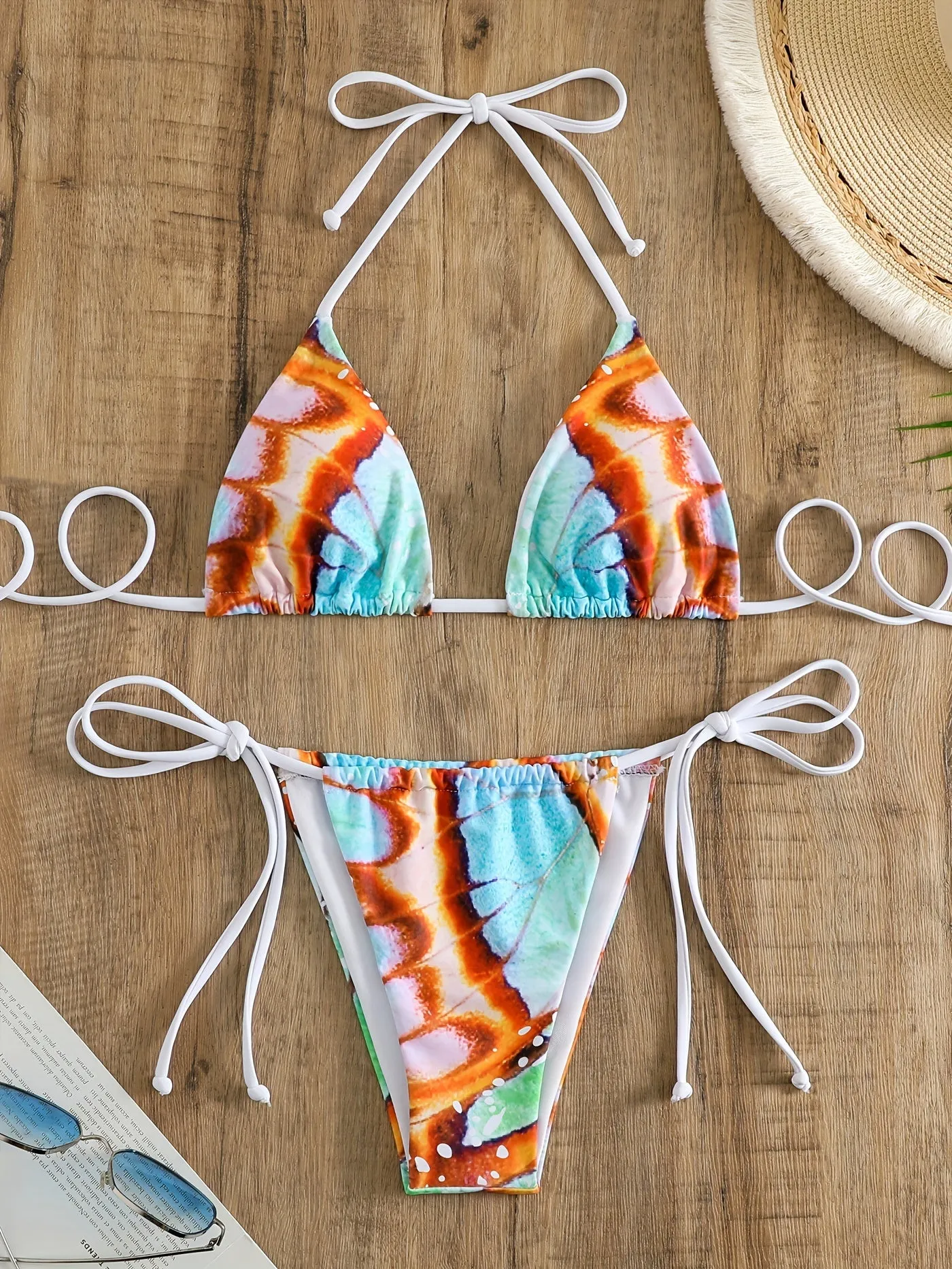 2 Piece Butterfly Print Bikini Set - Halter Top, Tie Back, Stretchy Fabric, Backless Design - Chic Beachwear for Women