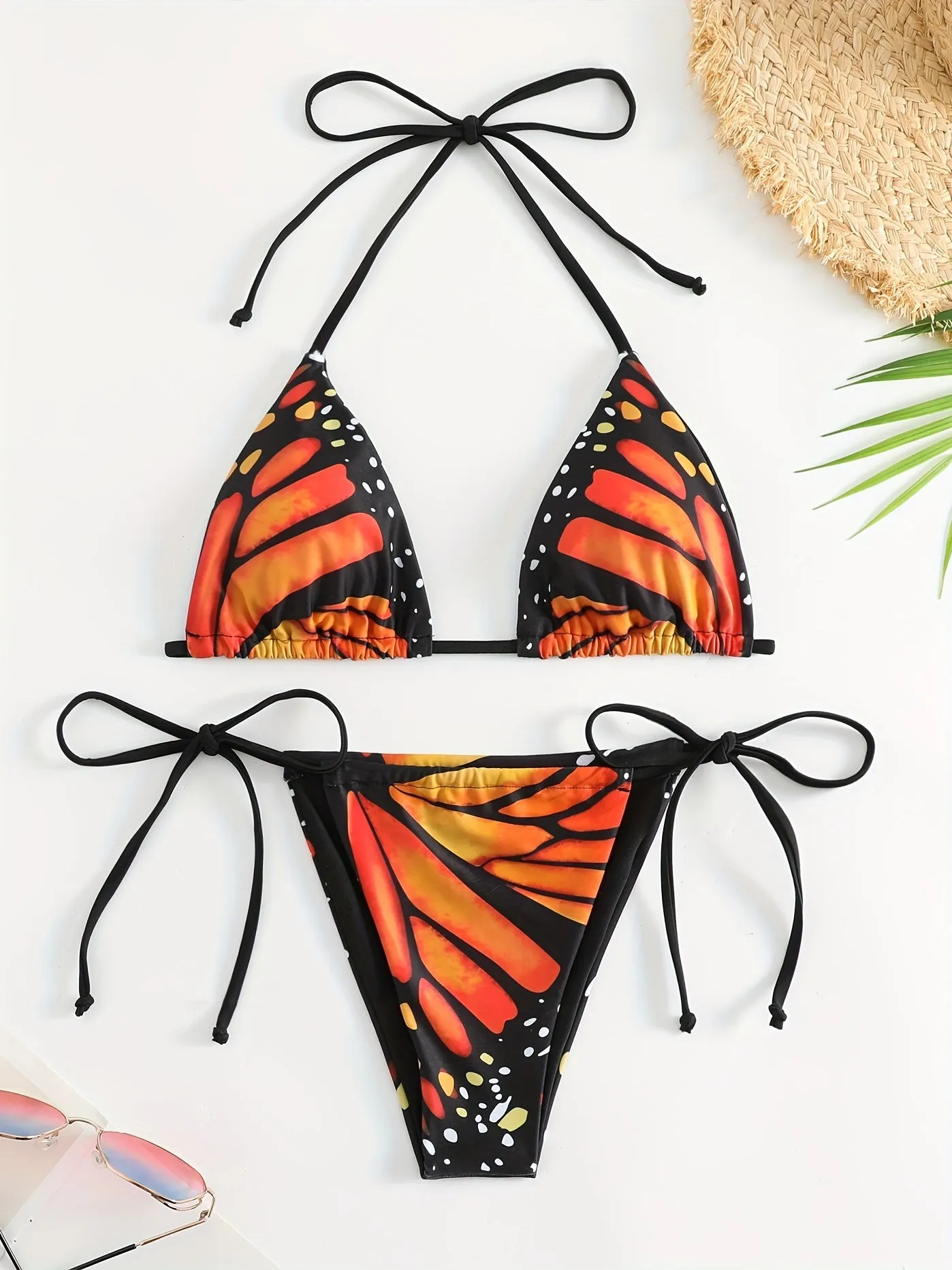 2 Piece Butterfly Print Bikini Set - Halter Top, Tie Back, Stretchy Fabric, Backless Design - Chic Beachwear for Women