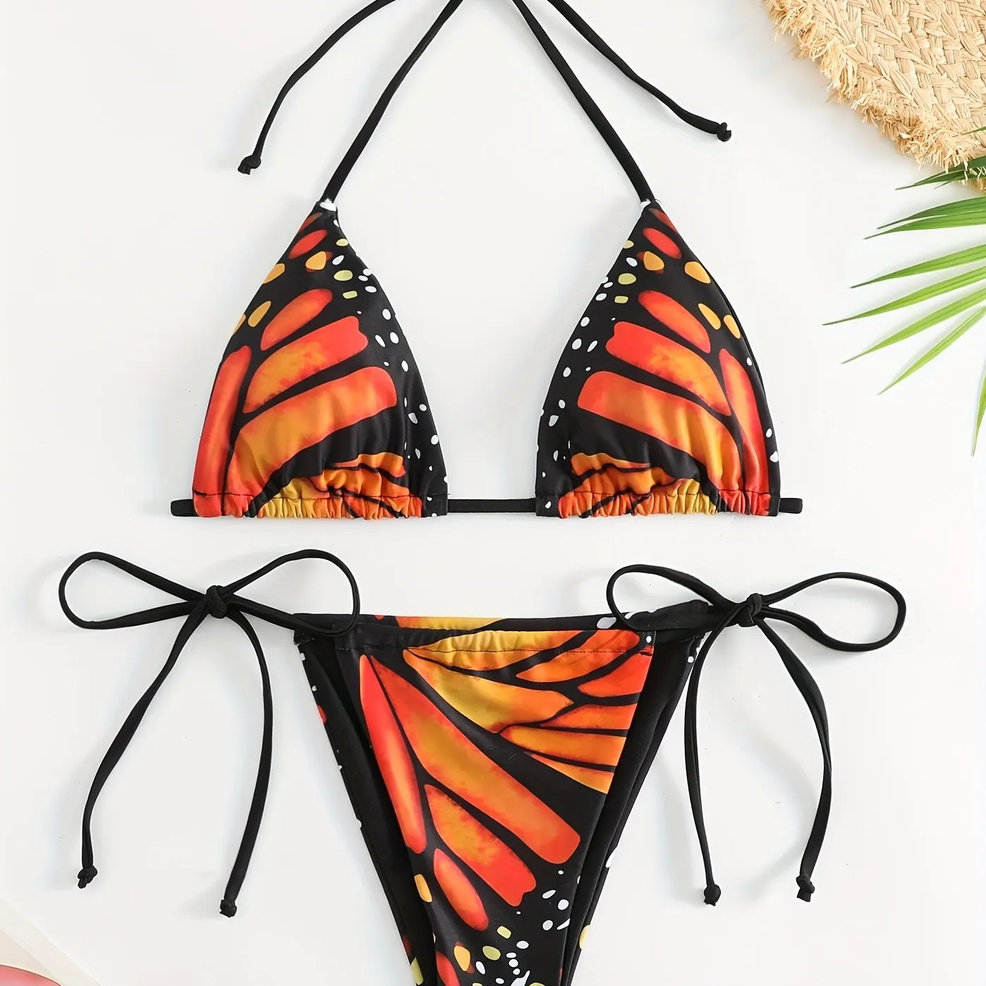 2 Piece Butterfly Print Bikini Set - Halter Top, Tie Back, Stretchy Fabric, Backless Design - Chic Beachwear for Women