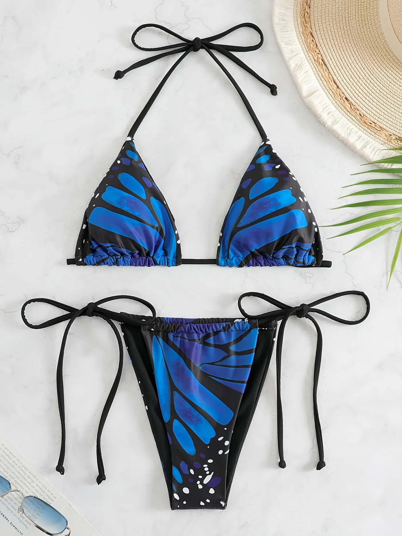 2 Piece Butterfly Print Bikini Set - Halter Top, Tie Back, Stretchy Fabric, Backless Design - Chic Beachwear for Women