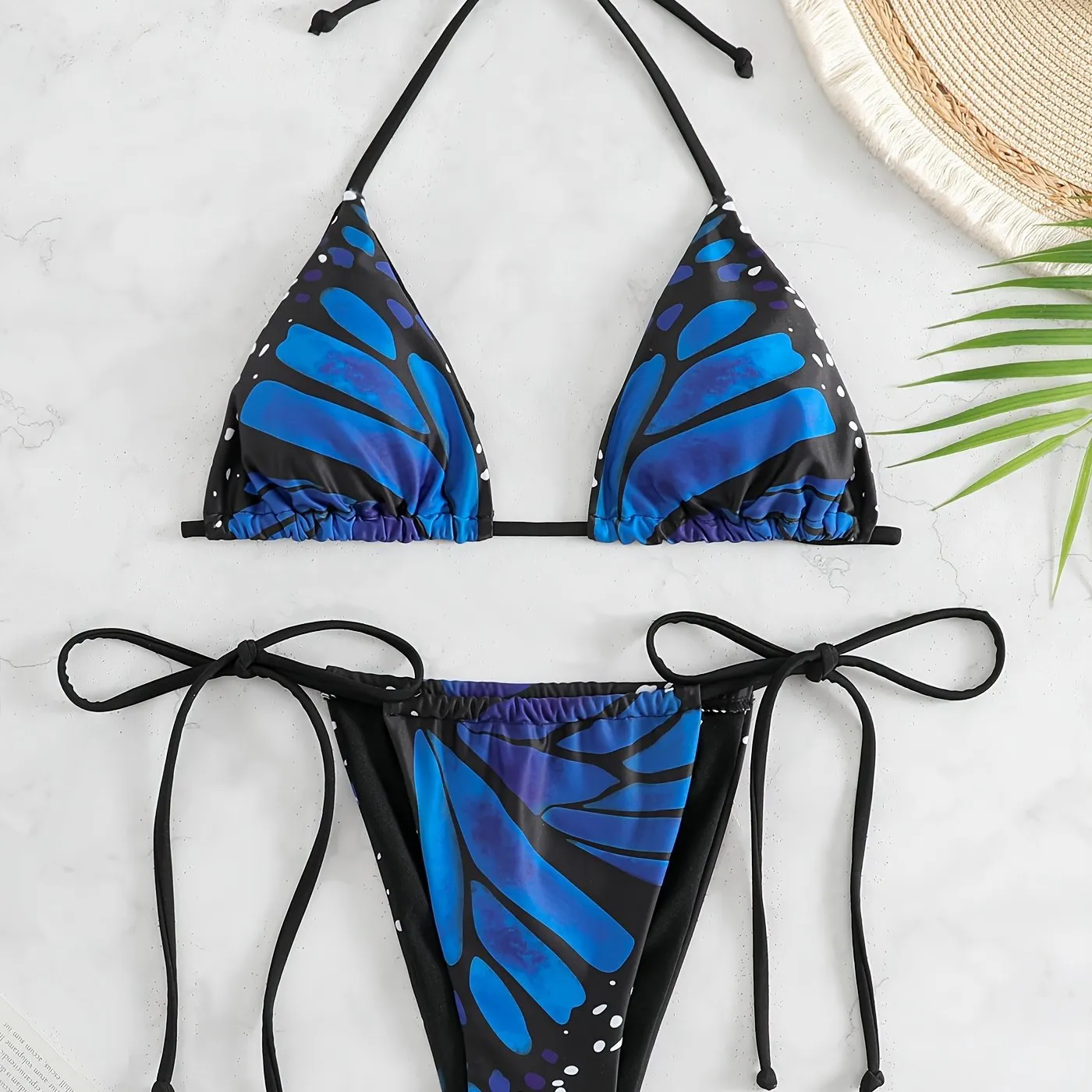 2 Piece Butterfly Print Bikini Set - Halter Top, Tie Back, Stretchy Fabric, Backless Design - Chic Beachwear for Women