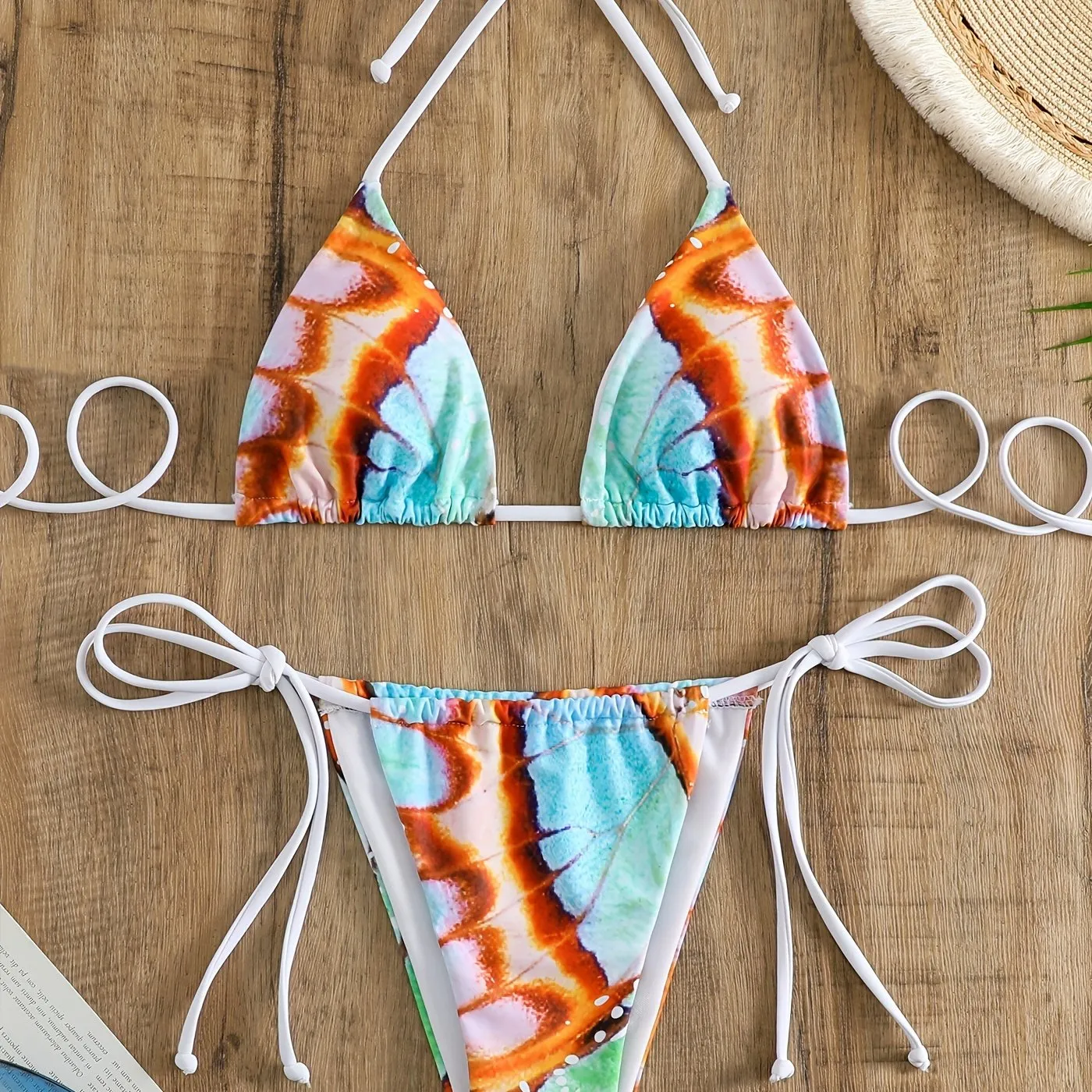 2 Piece Butterfly Print Bikini Set - Halter Top, Tie Back, Stretchy Fabric, Backless Design - Chic Beachwear for Women
