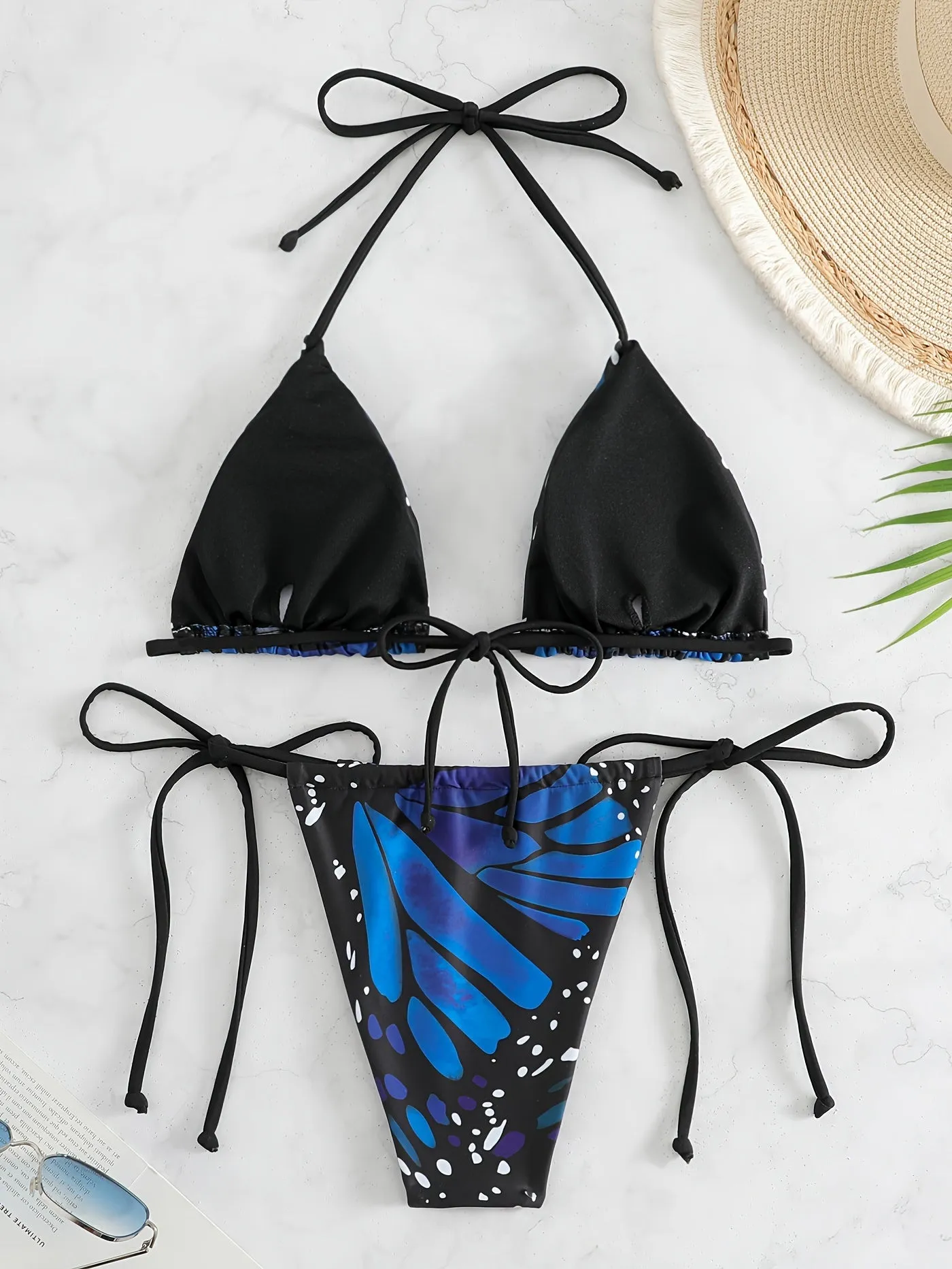 2 Piece Butterfly Print Bikini Set - Halter Top, Tie Back, Stretchy Fabric, Backless Design - Chic Beachwear for Women