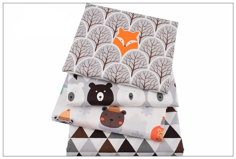 8pcs Printed Twill Cotton Fabric - Fox and Bear Patterns