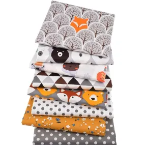 8pcs Printed Twill Cotton Fabric - Fox and Bear Patterns