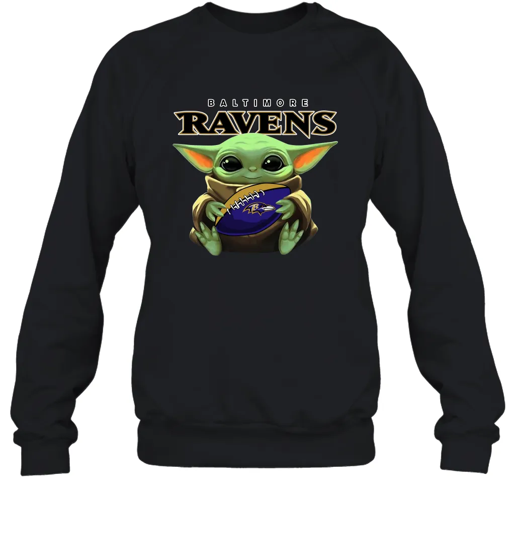 Baby Yoda Loves The Baltimore Ravens Star Wars Baby Yoda Hugs Ravens NFL Adult Sweatshirt