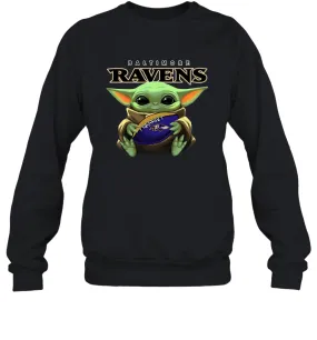 Baby Yoda Loves The Baltimore Ravens Star Wars Baby Yoda Hugs Ravens NFL Adult Sweatshirt