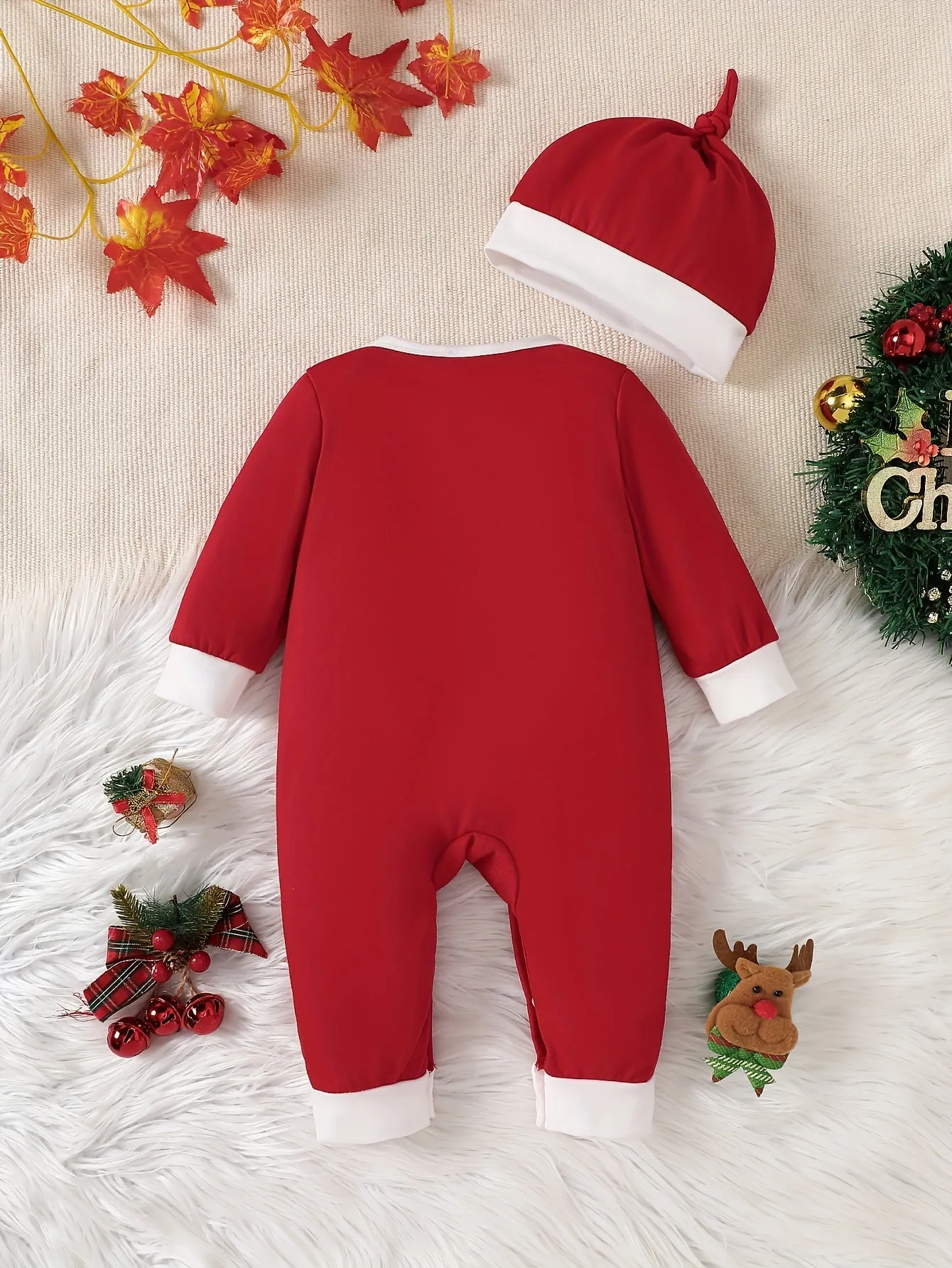 Baby's "My First Christmas " Print Casual Long Sleeve Romper & Hat, Toddler & Infant Boy's Bodysuit  For Fall & Winter Outdoors