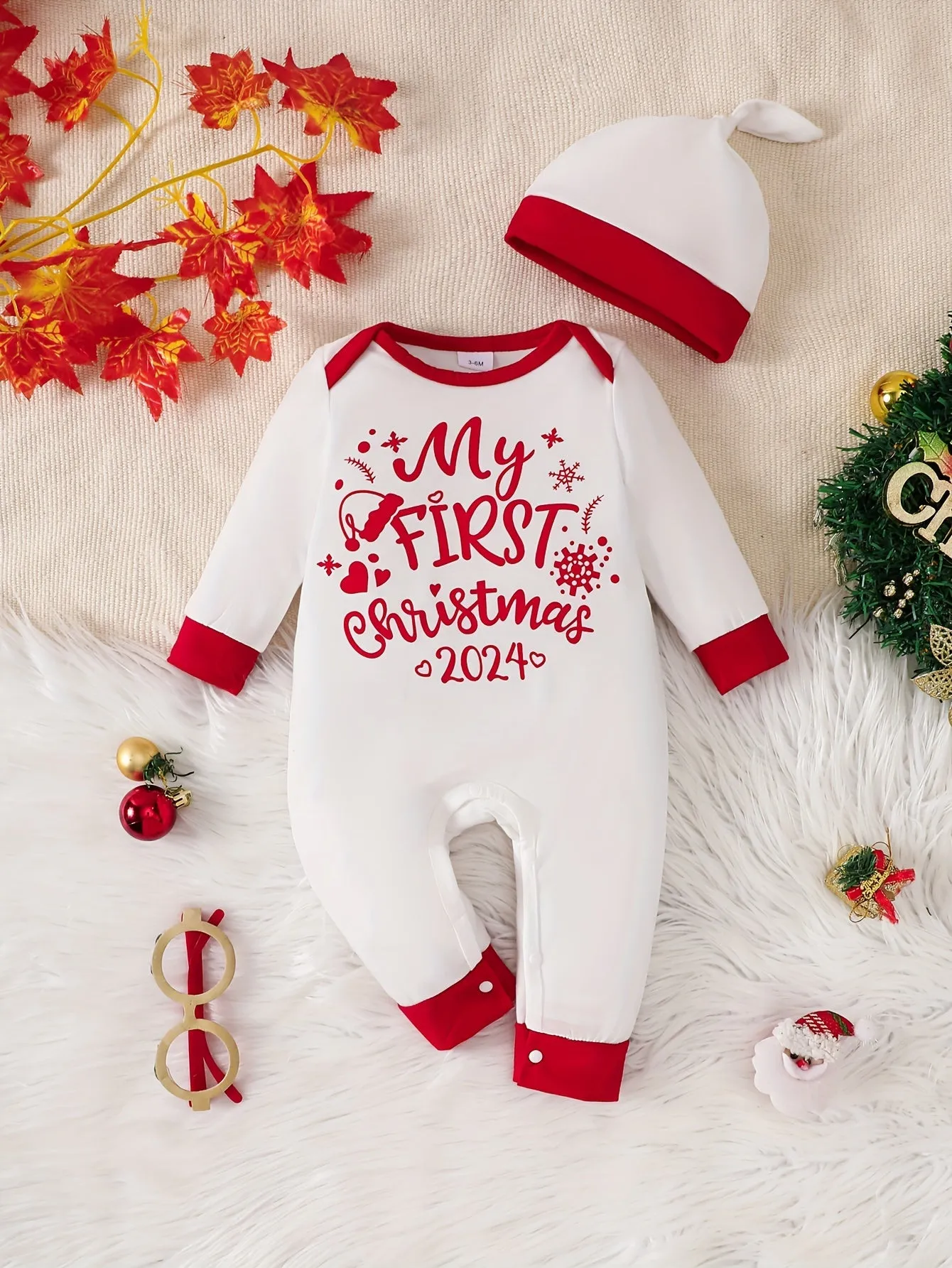 Baby's "My First Christmas " Print Casual Long Sleeve Romper & Hat, Toddler & Infant Boy's Bodysuit  For Fall & Winter Outdoors