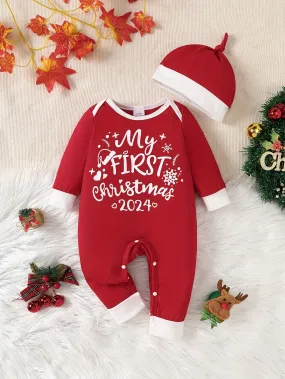 Baby's "My First Christmas " Print Casual Long Sleeve Romper & Hat, Toddler & Infant Boy's Bodysuit  For Fall & Winter Outdoors