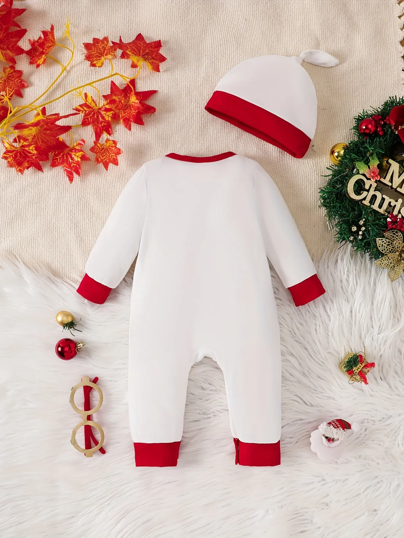 Baby's "My First Christmas " Print Casual Long Sleeve Romper & Hat, Toddler & Infant Boy's Bodysuit  For Fall & Winter Outdoors