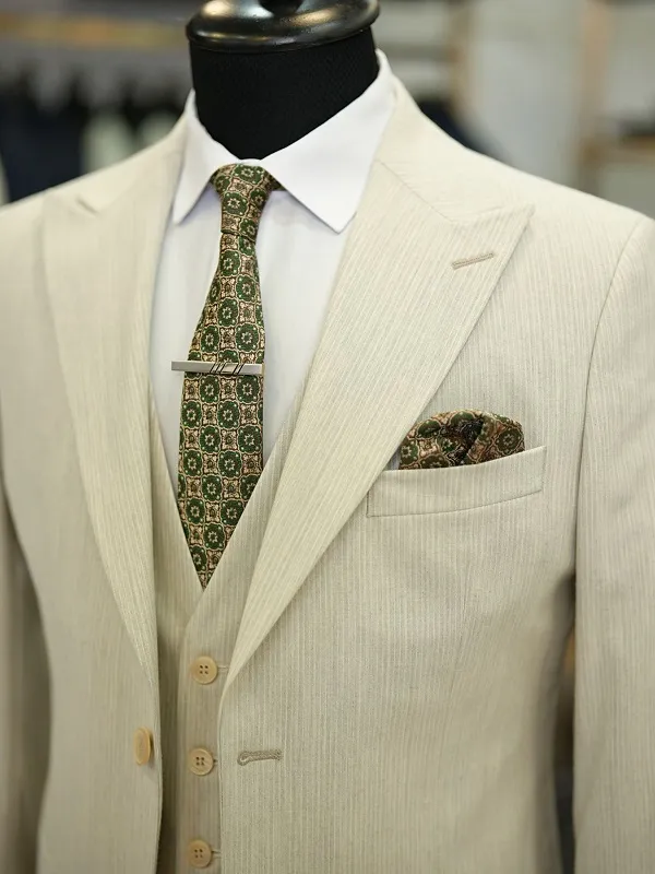 Beige Slim Fit Crosshatch Suit for Men by GentWith.com