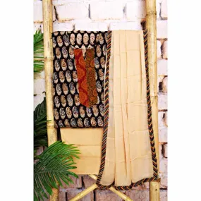 Black Kalamkari Cotton Block Print Suit with Chiffon Dupatta