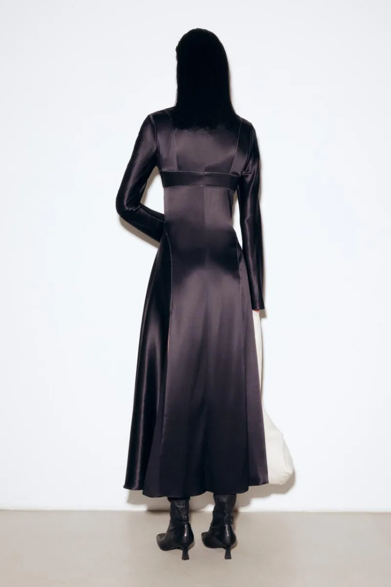 BLACK SILK MIDI DRESS WITH WHITE STITCH DETAIL