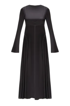 BLACK SILK MIDI DRESS WITH WHITE STITCH DETAIL