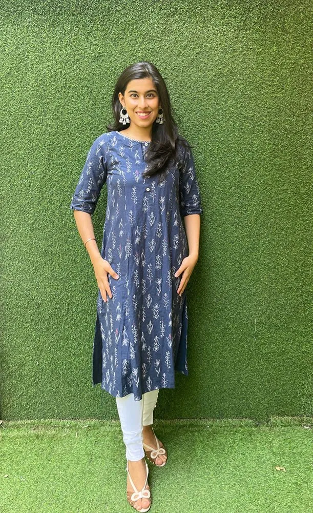 Blue A-line Cotton Block Printed Kurti