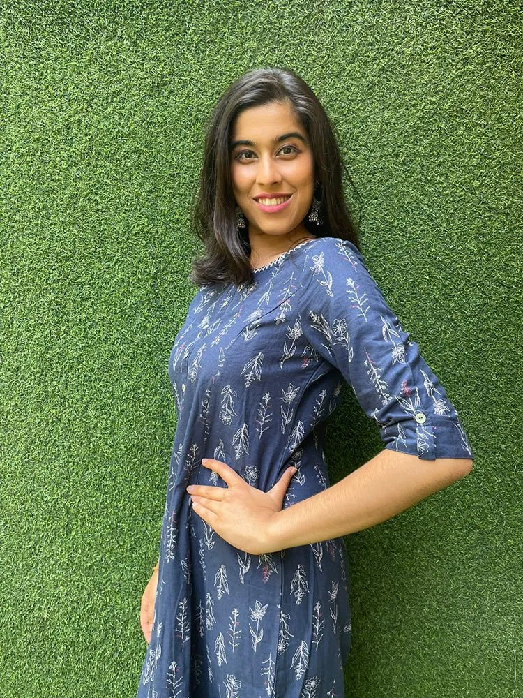 Blue A-line Cotton Block Printed Kurti