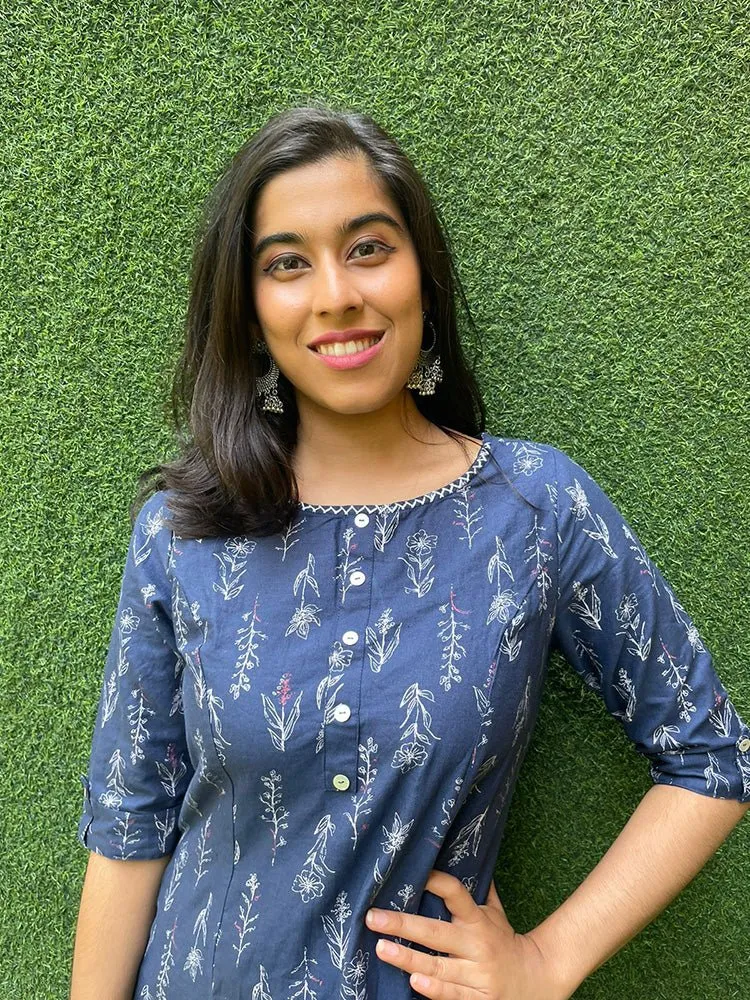 Blue A-line Cotton Block Printed Kurti