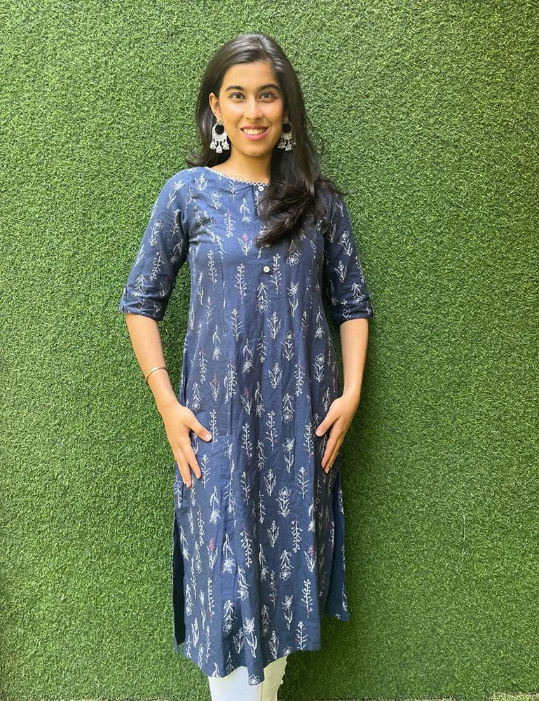 Blue A-line Cotton Block Printed Kurti