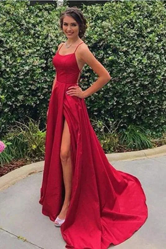 Blue Spaghetti Strap Dress with Side Slit Sexy Long Senior Prom Dresses