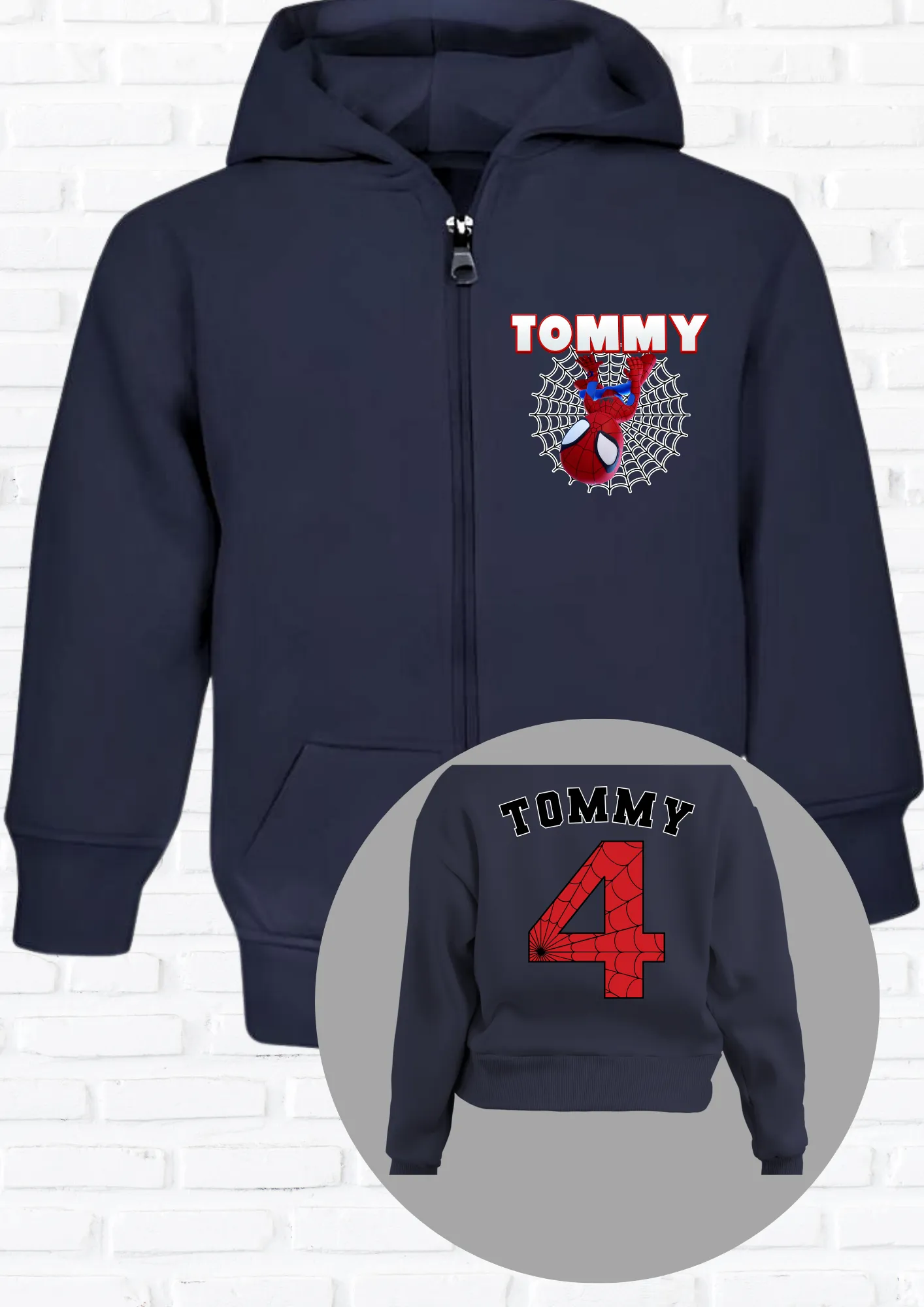 Boys Personalised Spidey Zip Hoodie with back print  - any name and number