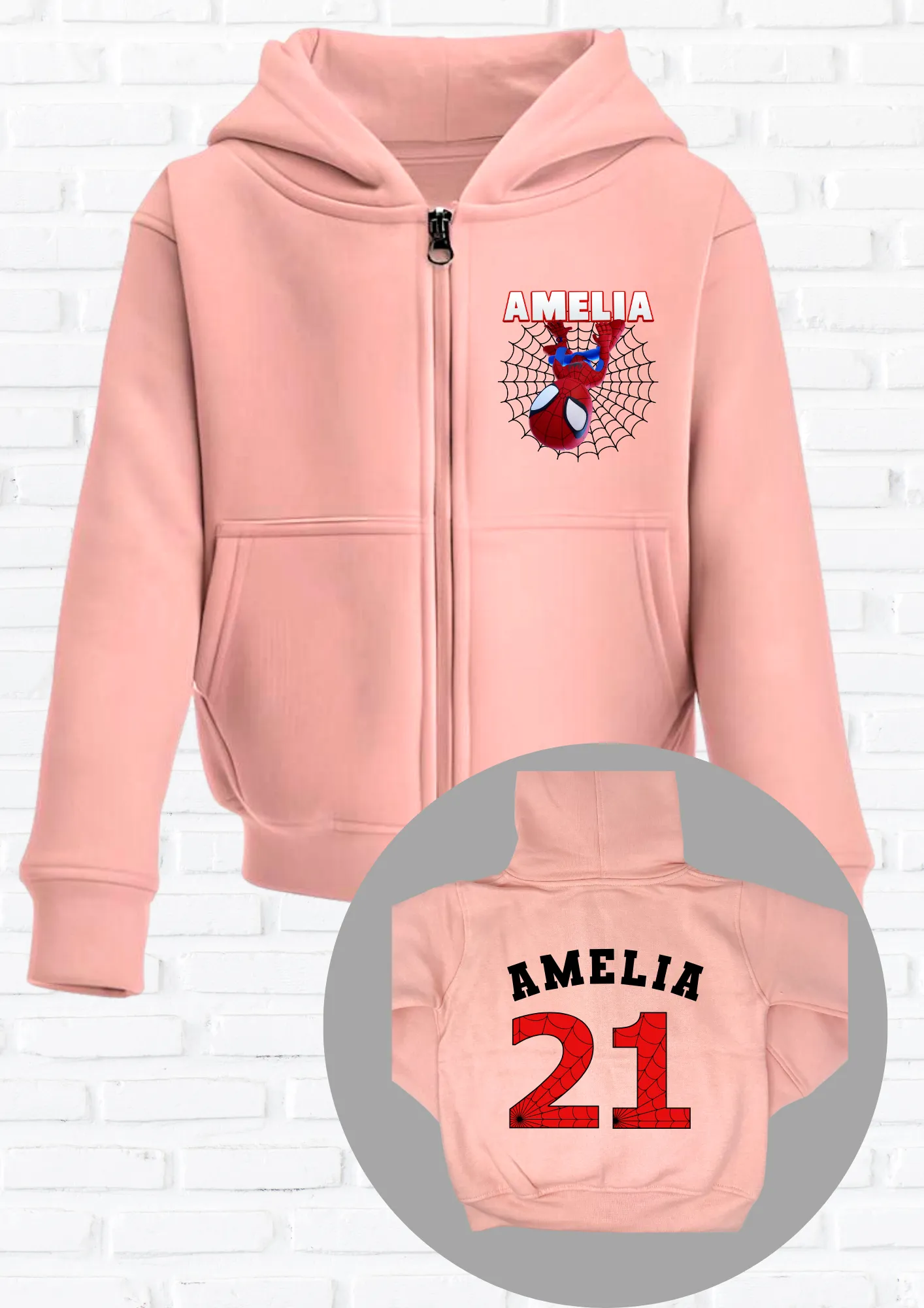 Boys Personalised Spidey Zip Hoodie with back print  - any name and number