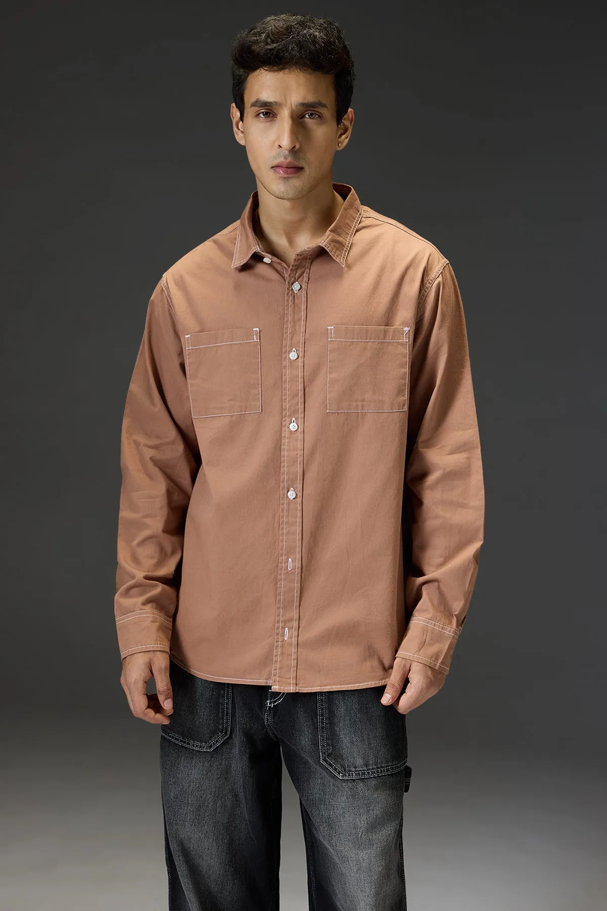 Brown Men's Contrast Stitch Shirt