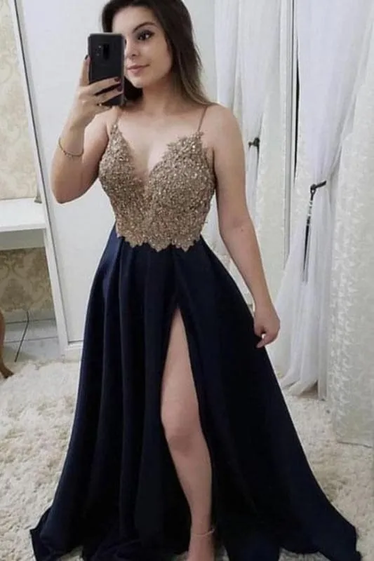 Burgundy Spaghetti Strap Satin Dress with Beading Sparkly Senior Prom Dresses