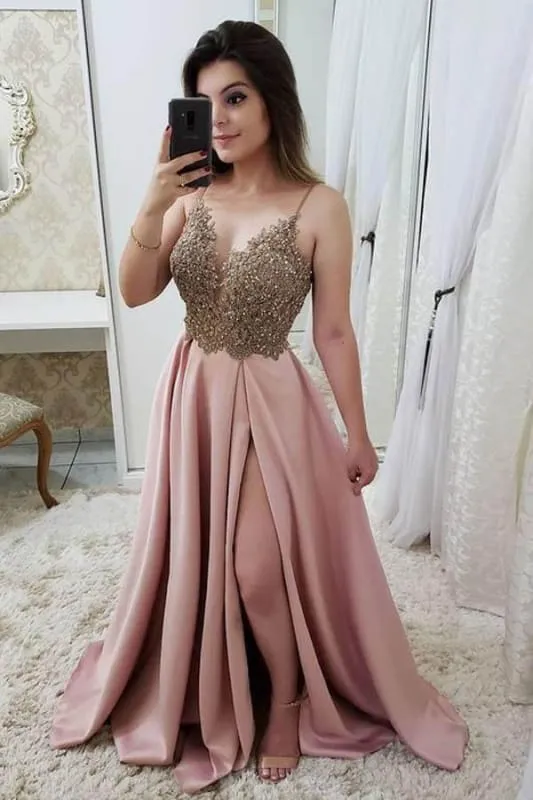 Burgundy Spaghetti Strap Satin Dress with Beading Sparkly Senior Prom Dresses