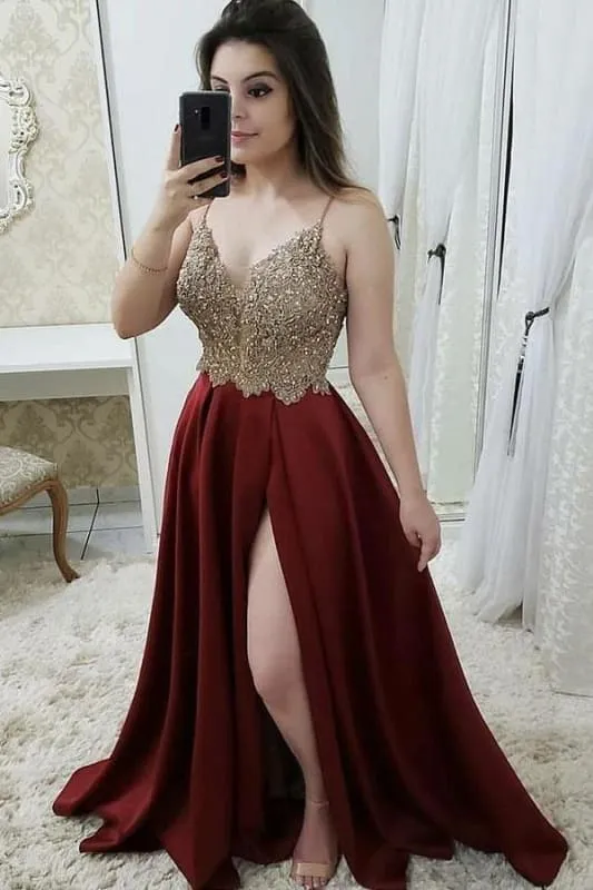 Burgundy Spaghetti Strap Satin Dress with Beading Sparkly Senior Prom Dresses