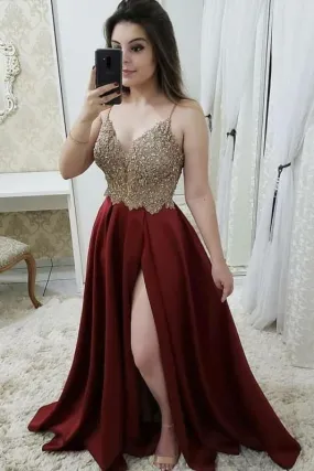 Burgundy Spaghetti Strap Satin Dress with Beading Sparkly Senior Prom Dresses