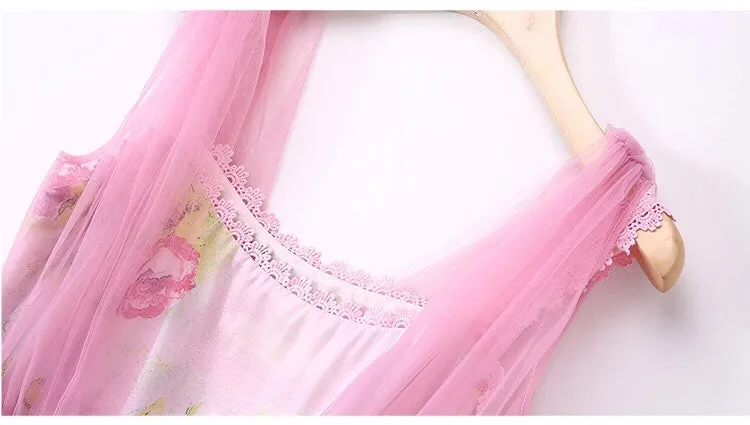 Chiffon Dress W/ Mesh Overlay