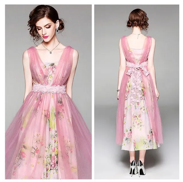 Chiffon Dress W/ Mesh Overlay