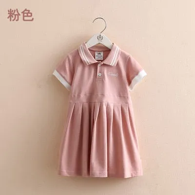 Children Turn-down Collar Cotton Short Sleeve Dress For Kids Baby Girls