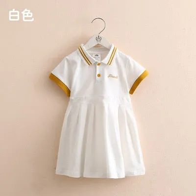 Children Turn-down Collar Cotton Short Sleeve Dress For Kids Baby Girls