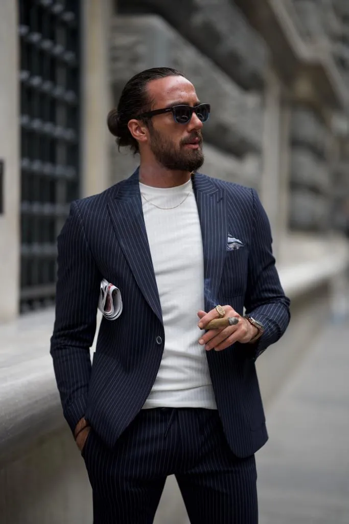 Dark Blue 2 Piece Groom Wedding Pinstripe Suit for Men