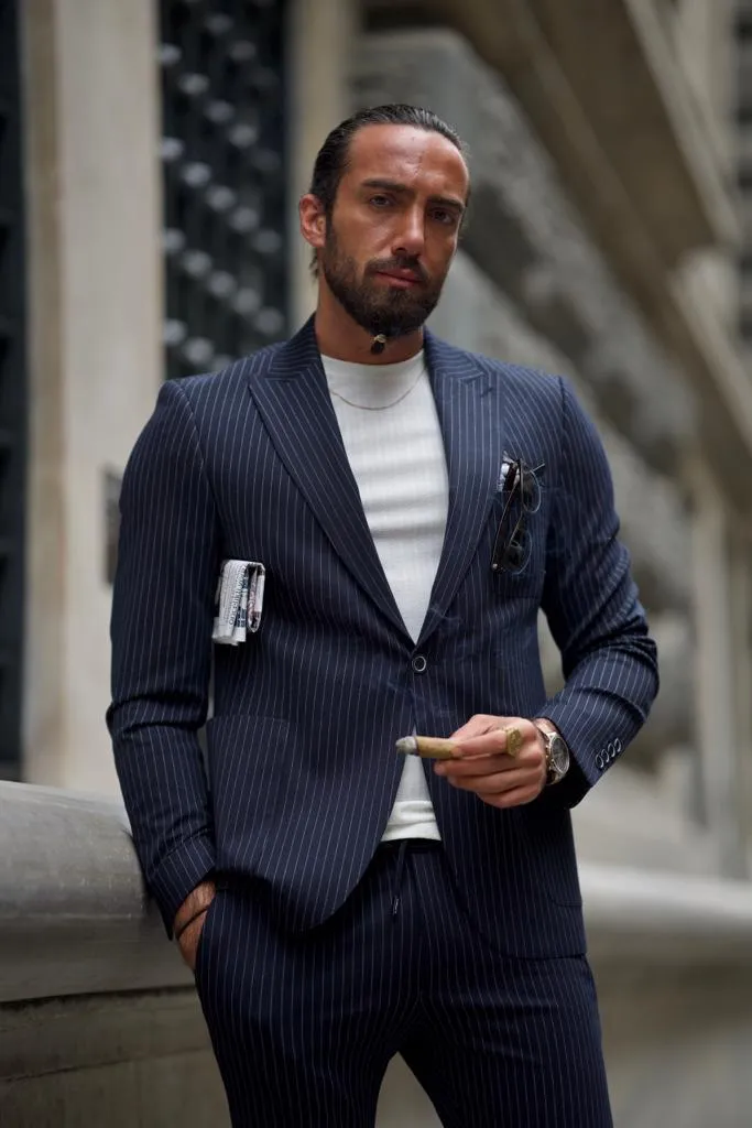 Dark Blue 2 Piece Groom Wedding Pinstripe Suit for Men