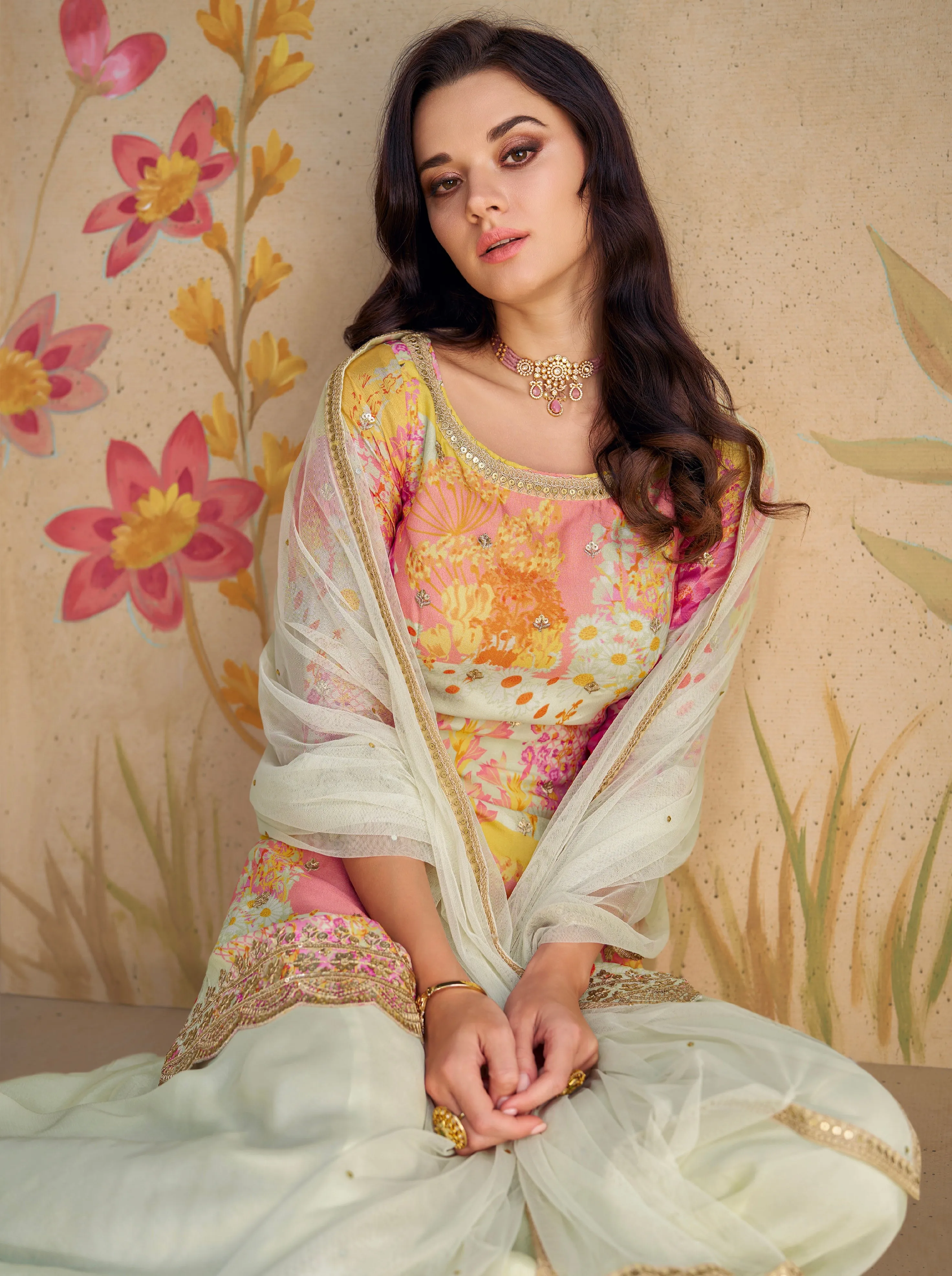 Elegant Pastel Floral Embroidered Real Chinon Silk Sharara Suit with Net Dupatta