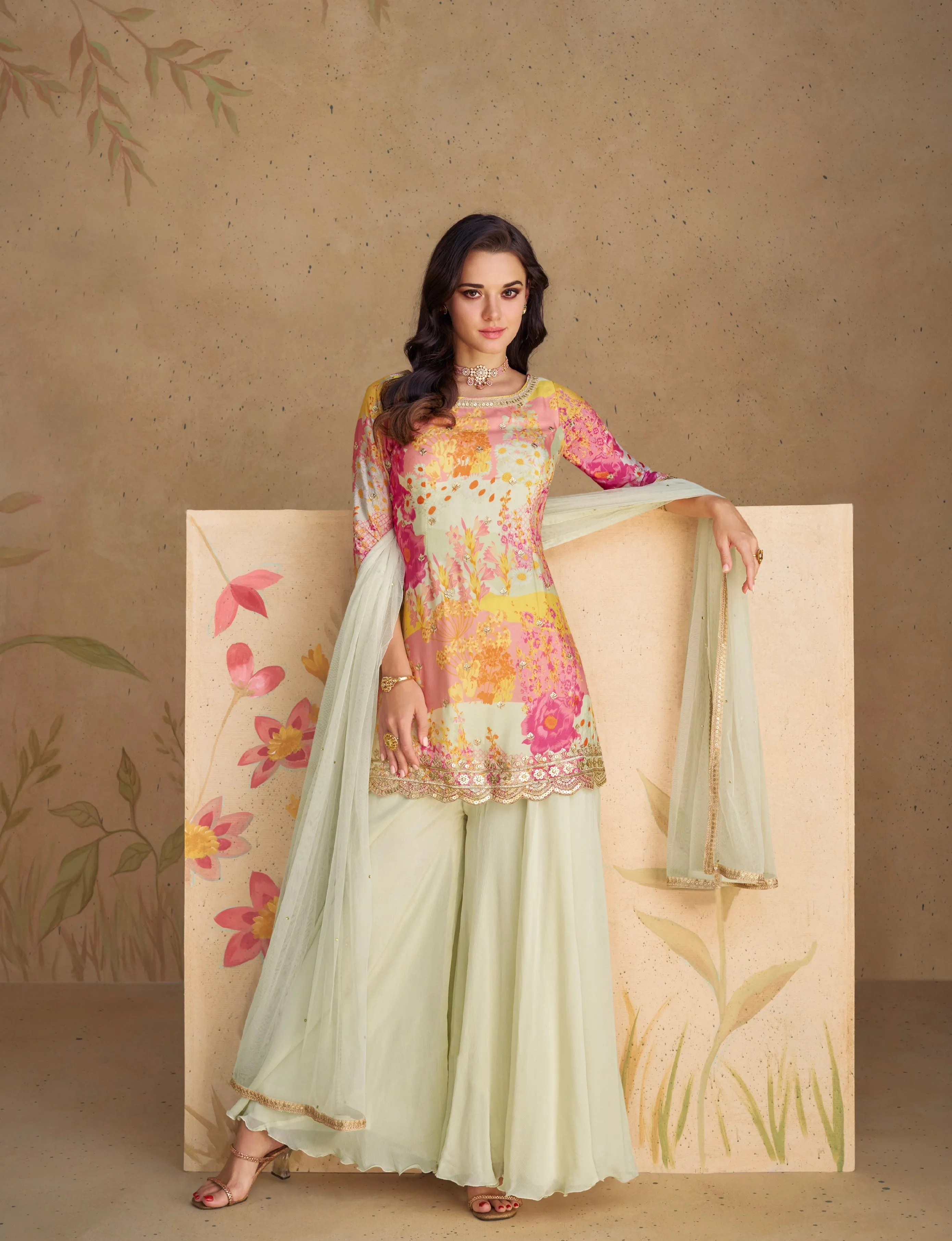 Elegant Pastel Floral Embroidered Real Chinon Silk Sharara Suit with Net Dupatta