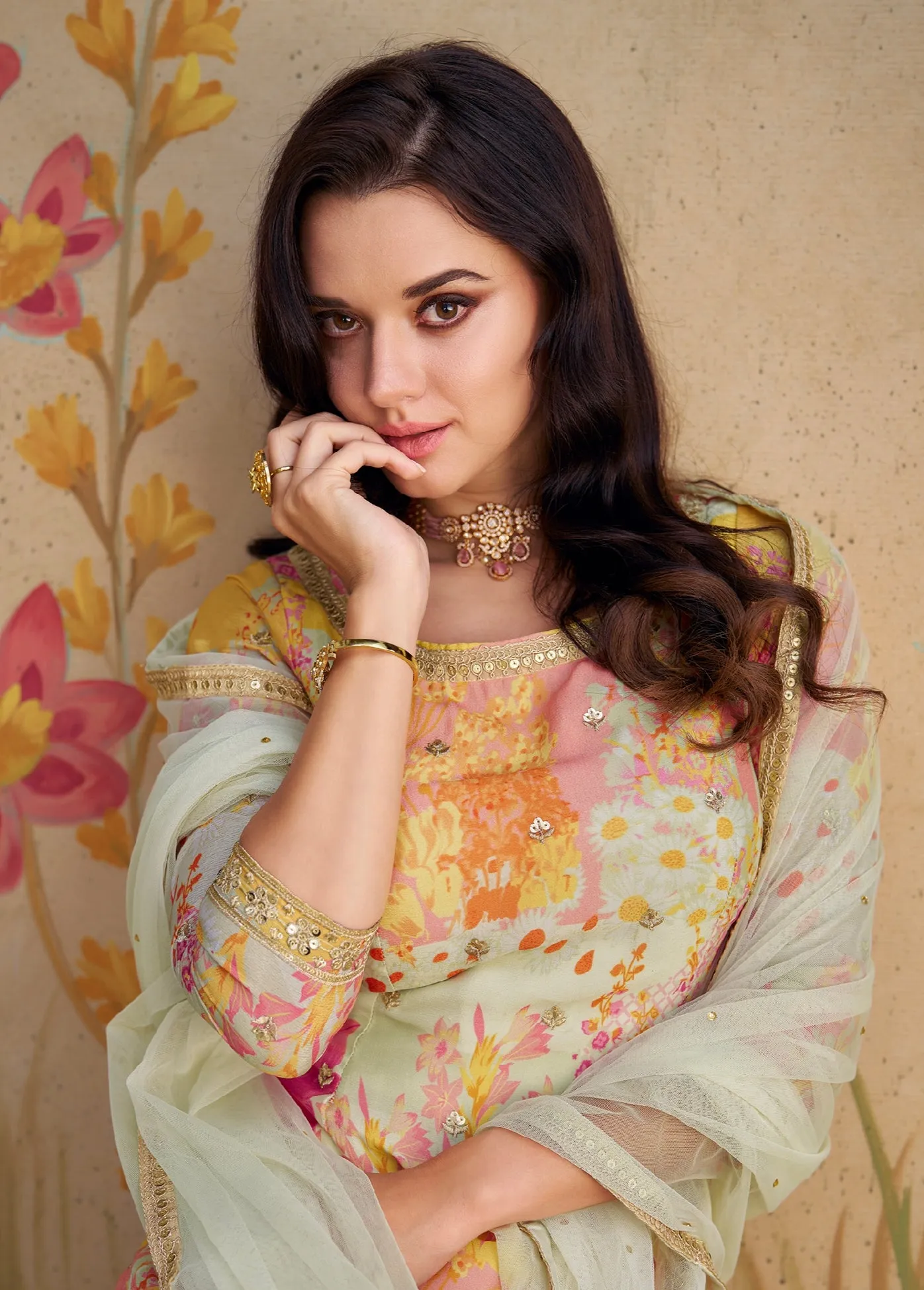 Elegant Pastel Floral Embroidered Real Chinon Silk Sharara Suit with Net Dupatta