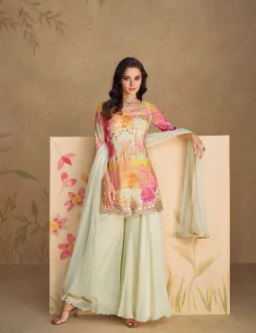 Elegant Pastel Floral Embroidered Real Chinon Silk Sharara Suit with Net Dupatta