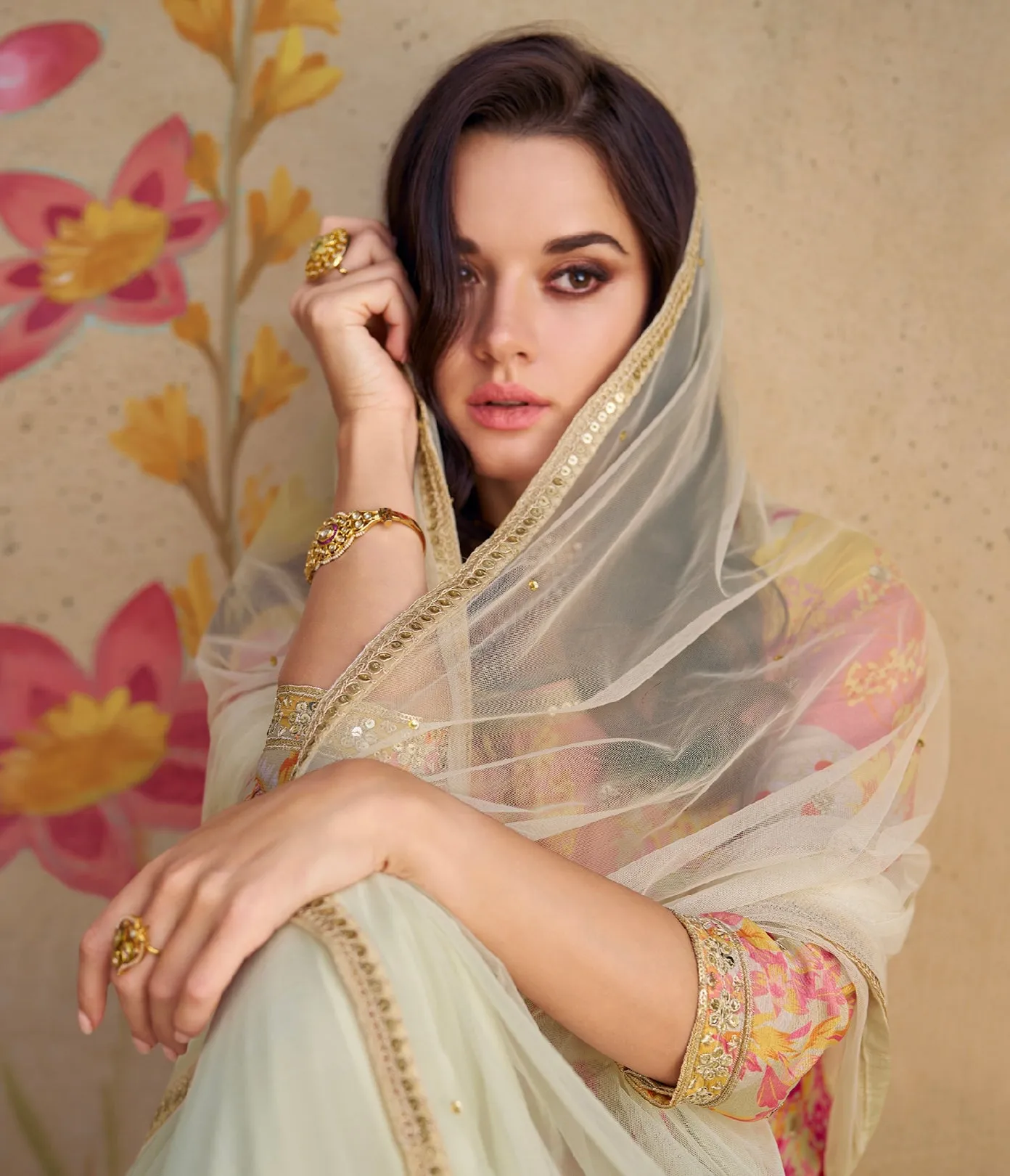 Elegant Pastel Floral Embroidered Real Chinon Silk Sharara Suit with Net Dupatta