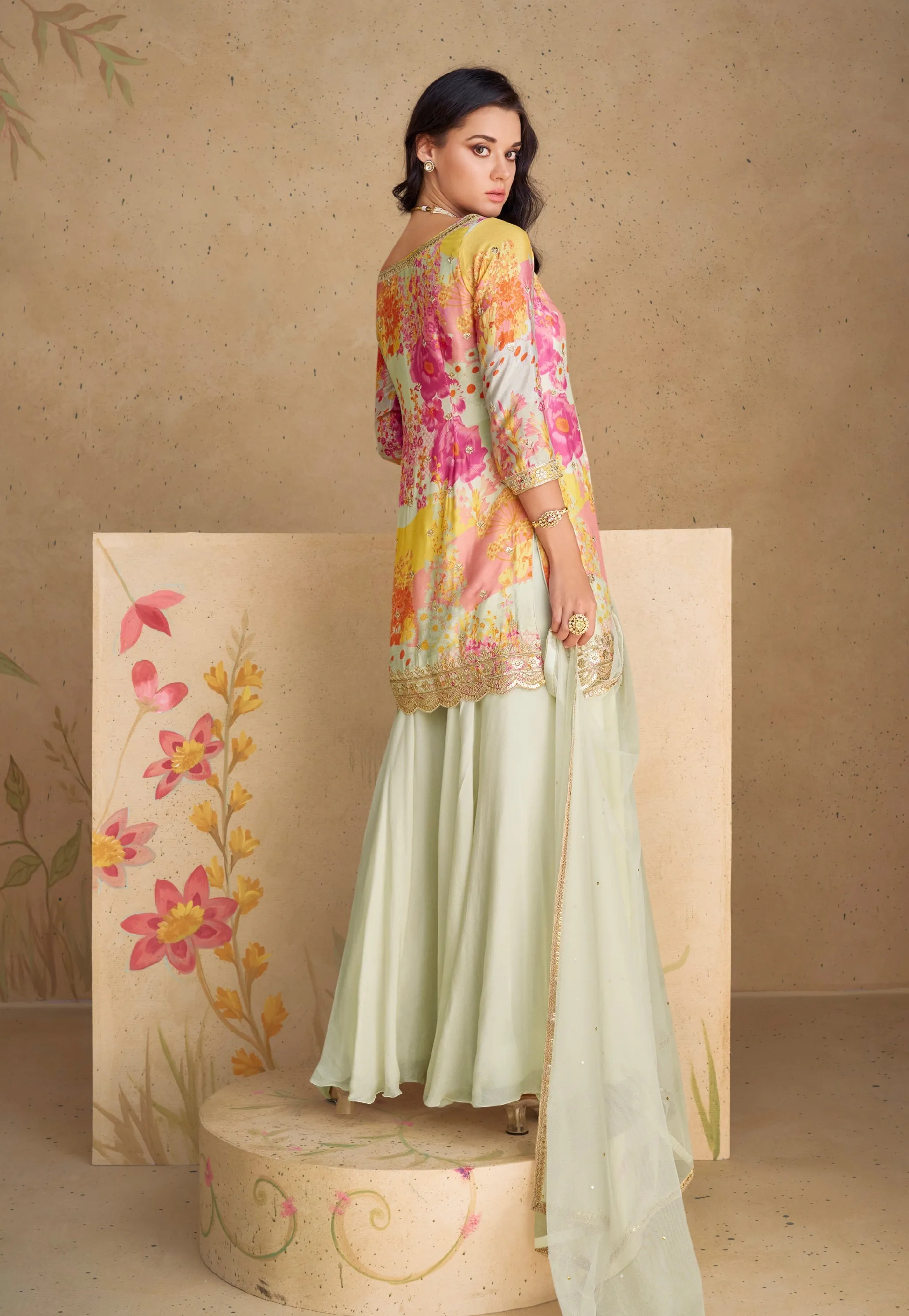 Elegant Pastel Floral Embroidered Real Chinon Silk Sharara Suit with Net Dupatta
