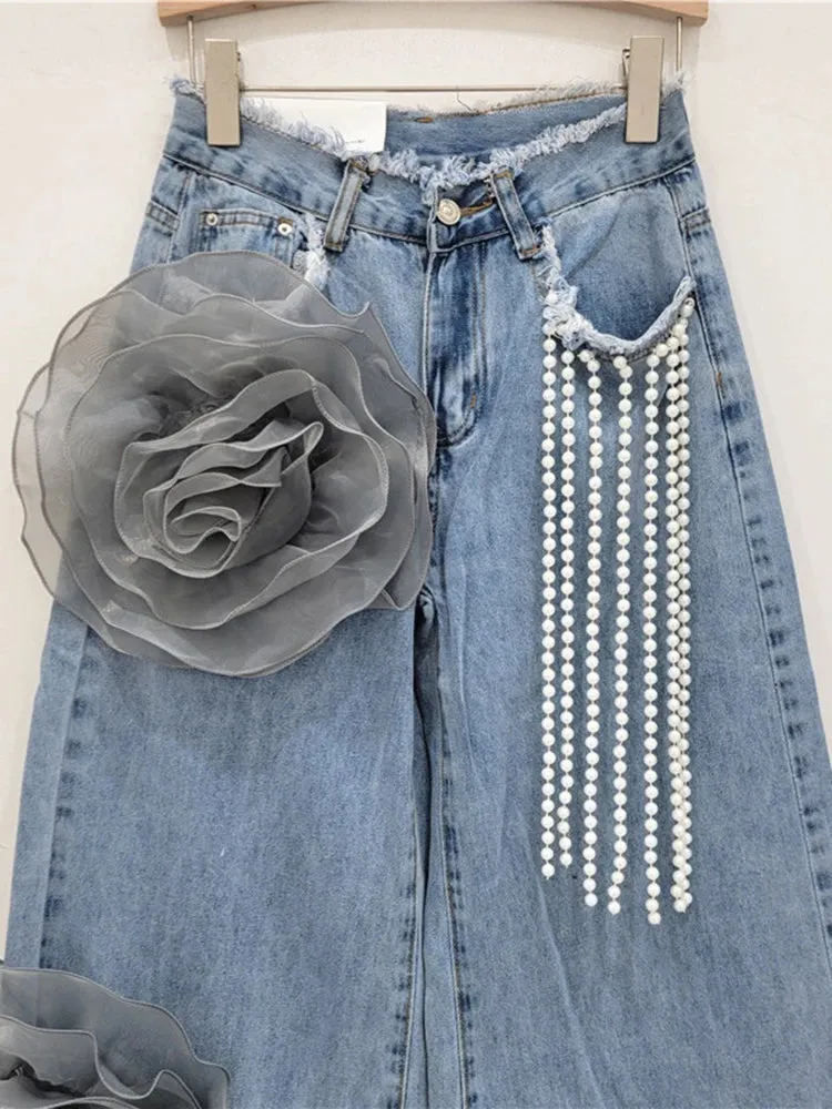 EM Flower Pearl Tassel Design Jeans