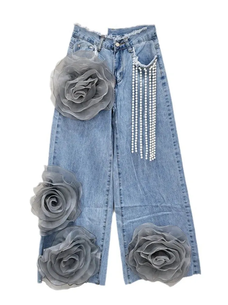 EM Flower Pearl Tassel Design Jeans