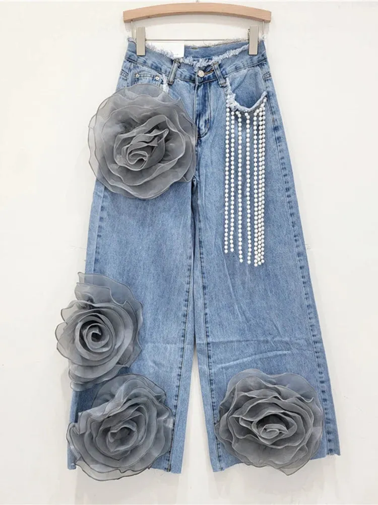 EM Flower Pearl Tassel Design Jeans