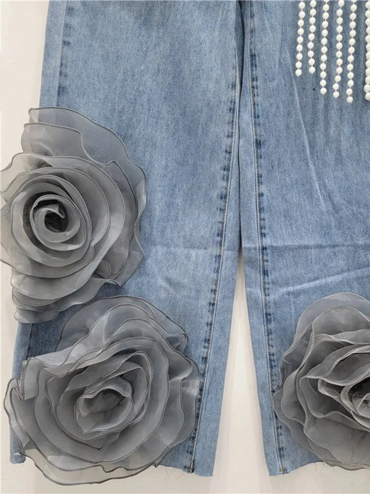 EM Flower Pearl Tassel Design Jeans