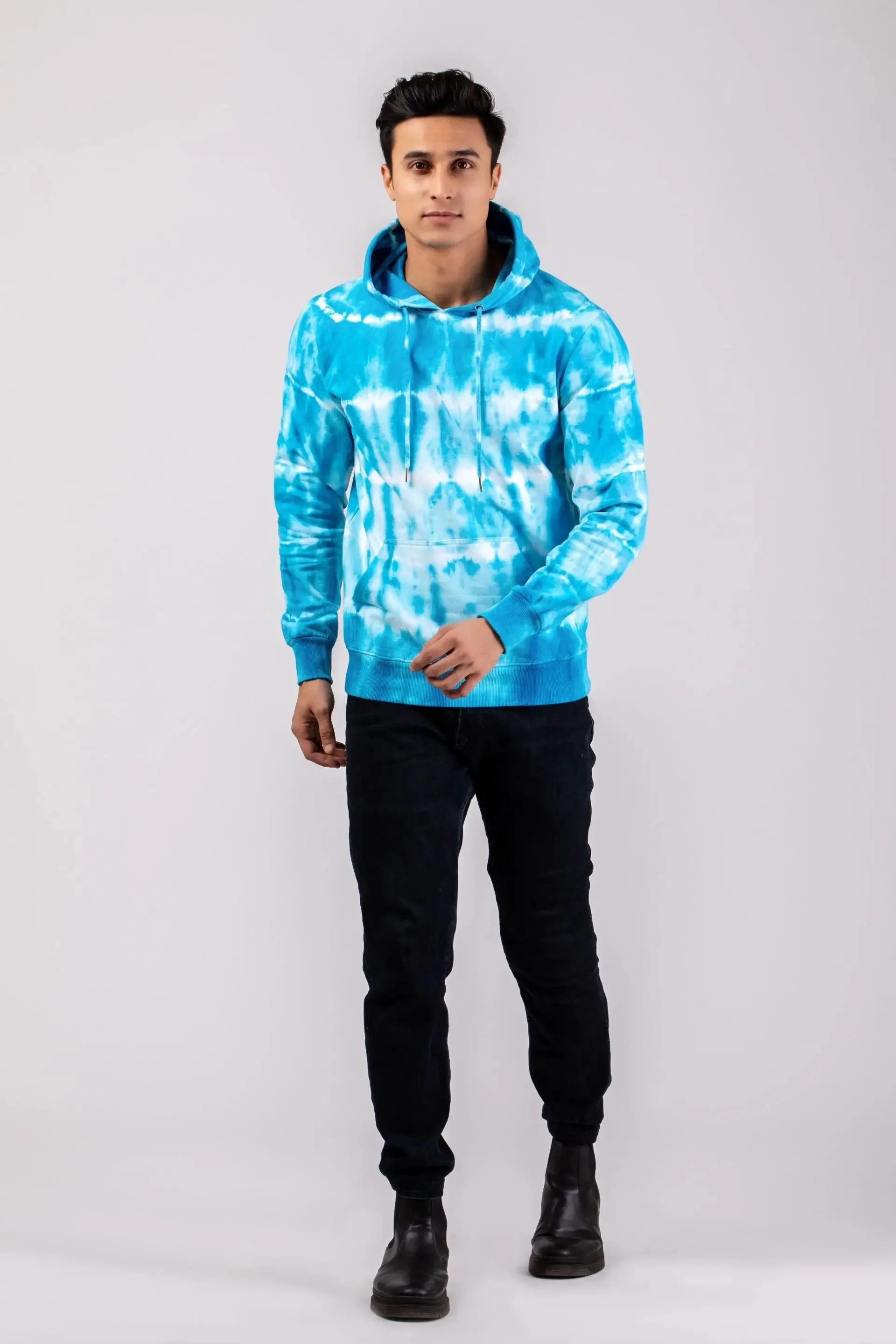 Firangi Yarn Super Soft Cotton Tie&Dye Blue and White Ombre Hoodie With Kangaroo Pockets